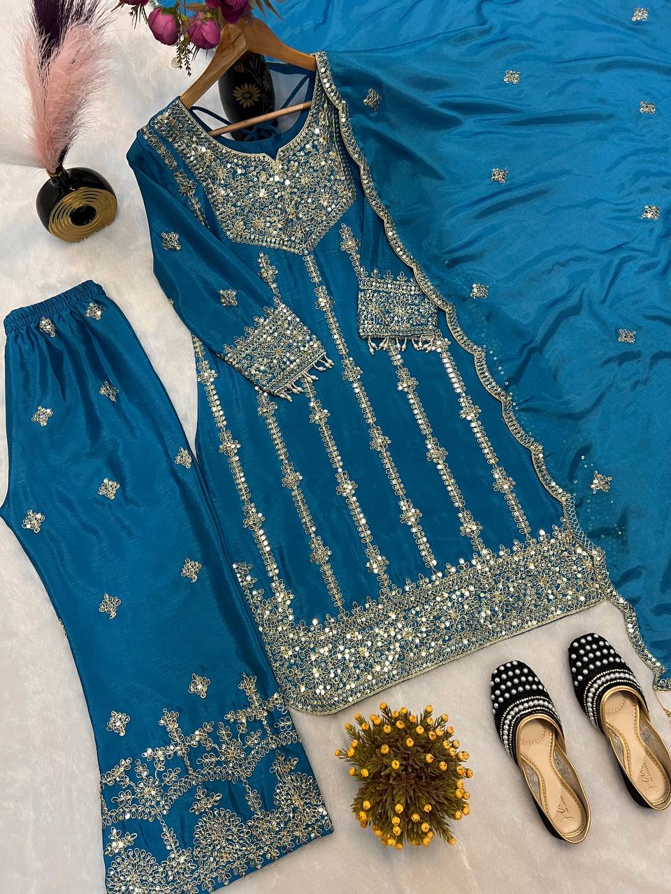 Royal Cerulean Silver-Embroidered Sharara Set
